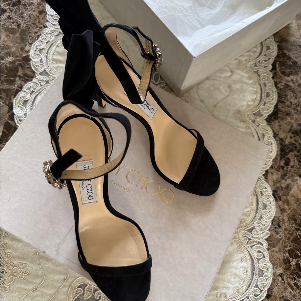 Jimmy Choo Black Suede Wingback Ankle-Strap Heels - Picture 15 of 15
